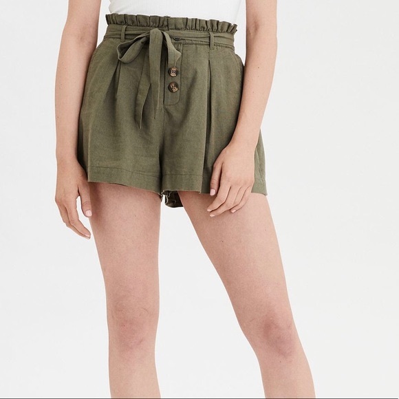American Eagle Outfitters Pants - AEO High-Waist Paperbag Pleated Shorts Olive M NWT